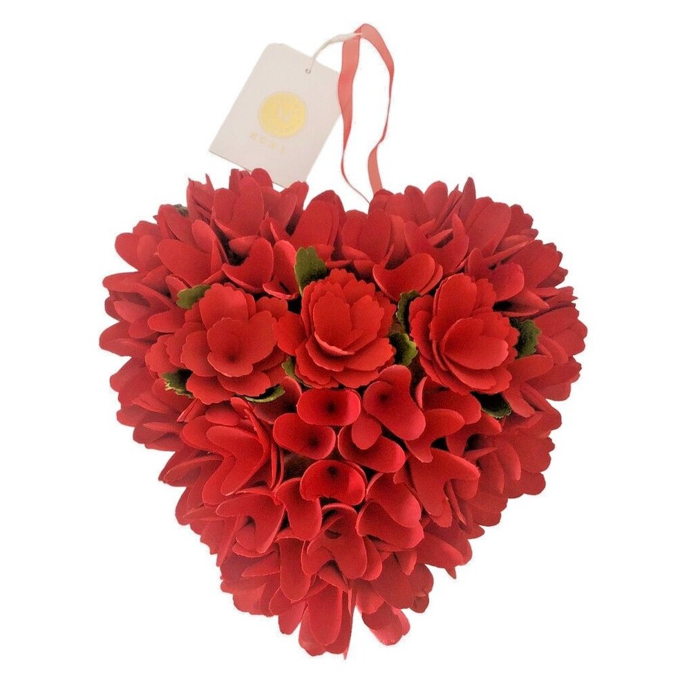 Martha Stewart Valentines Heart Shaped Wreath Wood Flowers Red Roses Foliage